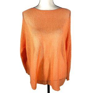 Eileen Fisher Womens melon Orange Open Knit Sweater M Linen Blend cool colorful